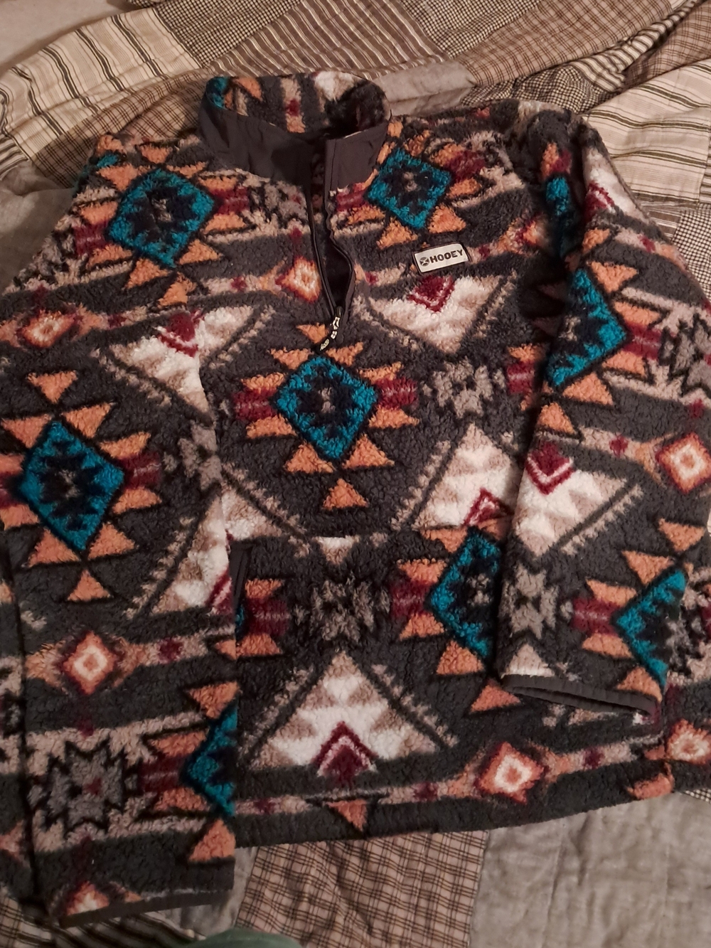 Hooey Gray Aztec Quarter-Zip Fleece with Teal, Rust & Cream